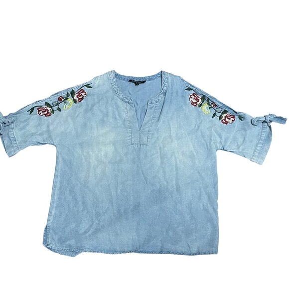 Velvet Heart Embroidered Blouse Floral Chambray Tie Sleeve Peasant Boho - Picture 2 of 9